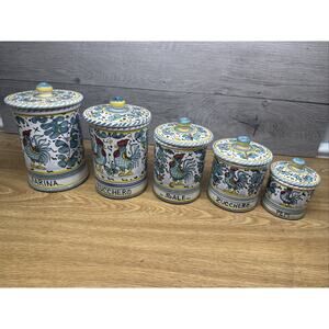 Deruta Italy Hand painted Green Rooster 5 Pcs Canisters Set